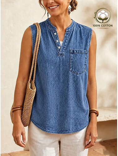  softfade™ dames henley shirt van 100% katoen, gewassen acid wash, vintage gewassen, vintage mode, stijlvol, mouwloos, raglanmouwen, lange henley top, casual, strand, blauw, paars, oranje, zomer, lente