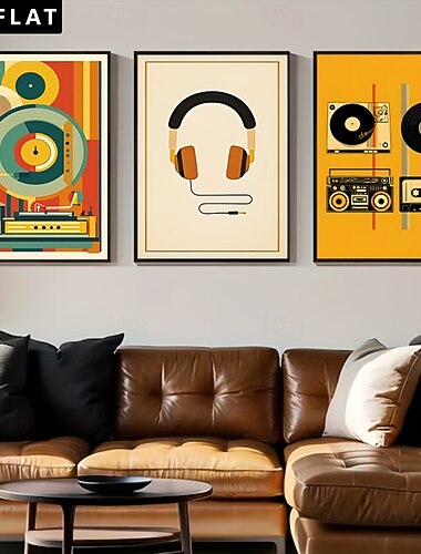  3 ks gramofonů, rádií, sluchátek, vinylových desek, kazetových pásek, retro hudebních prvků, uměleckých plakátů na plátně, obrazů na plátně, vhodných do hudebních učeben, hotelů, barů