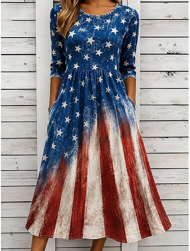  Amerikaanse onafhankelijkheidsdag Dames Halflange jurk Hemdjurk Vakantie Feest Casual Dagelijks Zomerjurk Lente Jurk Normale pasvorm Amerikaanse vlag Sterren en strepen Lange mouw Strakke ronde hals