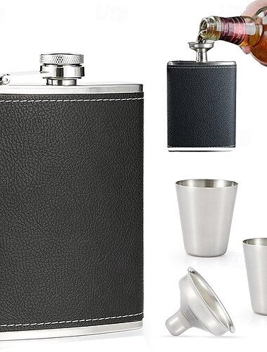  Flasque à alcool en cuir noir, 240 ml, acier inoxydable de qualité alimentaire, revêtement en cuir souple, coffret cadeau avec 2 tasses &entonnoir à whisky 100% étanche & rhum  &flasques à vodka pour
