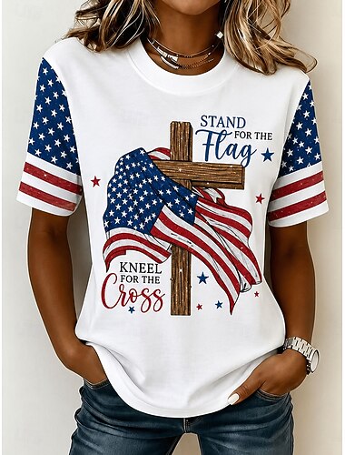  Giorno dell'Indipendenza Americana Per donna Maglietta Stampato Grafico Bandiera Lettera Vintage Moda Elegante Manica Corta Girocollo Top Regolari Casuale Quotidiano Weekend Bianco Estate Primavera
