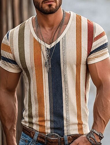 Homme Bloc de Couleur Rayures T-shirt Manche Courte T-shirt Impression 3D Col en V Chemise Vacances Occasionnel Quotidien Fête Rouge Orange Marron Printemps & Été Vêtement Tenue S M L XL XXL XXXL