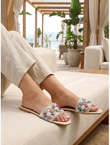  Sandali bassi da donna beige con perline e perle colorate - eleganti sandali bohémien a punta quadrata decorati per la spiaggia e le feste estive