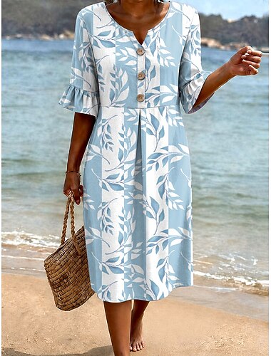  Femmes Robe Longueur Genou Robe d'Été Robe Décontractée Robe trapèze Élégant Vacances Plage Fête Coupe régulière Fleuri Graphique Manche Courte Col en V Bleu Blanche Rose Claire Bleu Ciel Ét