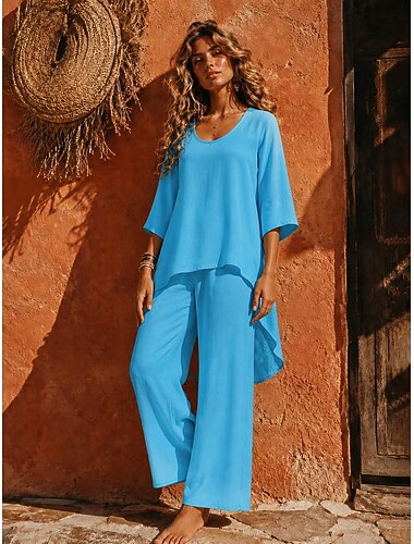  Per donna Set di biancheria in cotone Set di Pantaloni Bolero Manica Lunga Girocollo Tinta unica Moda Streetwear Casuale Quotidiano All'aperto Blu Nero Bianco Estate Vestibilità regolare