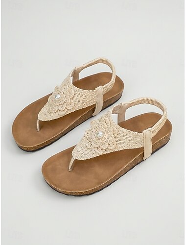 Sandali da spiaggia bohémien da donna - infradito in paglia all'uncinetto beige con fiore di perle &piattaforma di sughero per vacanze tropicali &abbigliamento estivo da resort