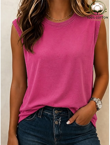  Mulheres 100% Algodão Lavagem ácida Lavagem vintage Gráfico Tecido à moda Clássico Sem Manga Gola Redonda Decote Redondo Tops regulares Casual Cinza Preto Vermelho Marron Cinzento Escuro Verão