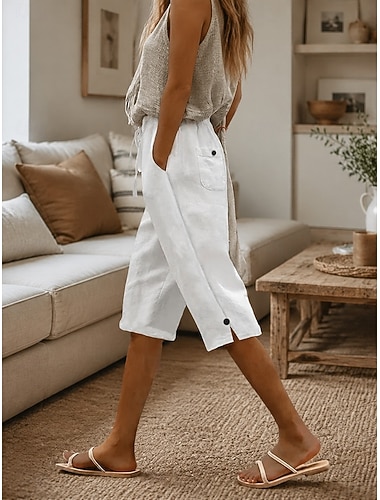  Mulheres Linho de algodão Calças Capri Calças Leggings Férias Básico Casual Comprimento do joelho Natural Tecido Bolsos Design de cordão elástico Confortável Exterior Sem Elasticidade Ao ar livre