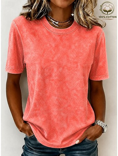  softfade™ Damen-T-Shirt aus 100 % Baumwolle, Vintage-Waschung, schlichtes, modisches Kurzarm-T-Shirt mit Rundhalsausschnitt, ideal für Alltag, Freizeit und Wochenende. Erhältlich in den Farben Blau, Schwarz, Lila, Fuchsia und Orange.