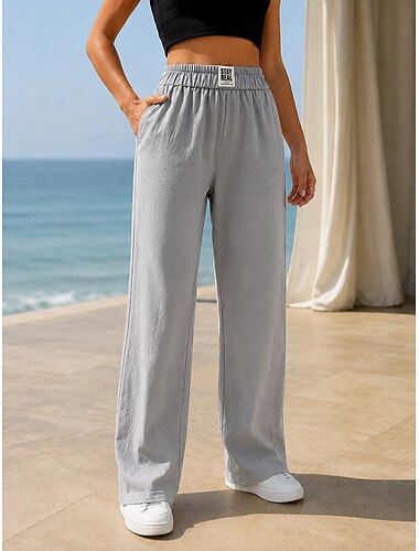  Damen Hose aus Baumwollleinen Hose Freizeithose Sommerhose Urlaub Mode Streetwear Volle Länge Hohe Taille Einfach Tasche Elastischer Bund Atmungsaktivität Bequem Unelastisch Täglich Urlaub Straße