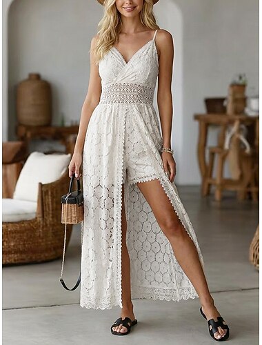  Damen Maxikleid Spitzenkleid Weißes Kleid Elegant Mode Strand Urlaub Ferien Normale Passform Blumen Ärmellos V Ausschnitt Schwarz Weiß Sommer Frühling