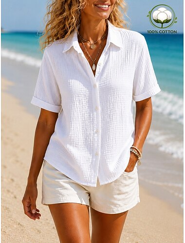  Per donna 100% cotone Camicia button-down Camicia casual Tinta unica Semplice Classico Manica Corta Top Regolari Casuale Bianco Blu marino Viola Estate