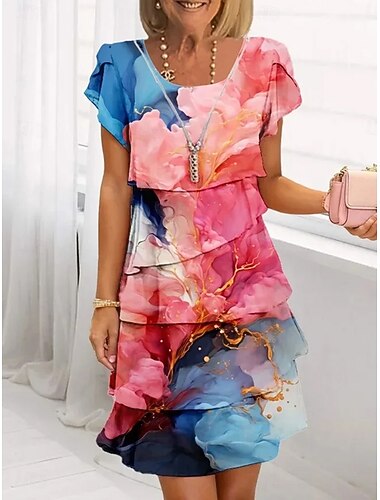  Damen Minikleid Shiftkleid Sommerkleid Urlaub Boho Täglich Date Ausgehen Normale Passform Ombre Grafik Abstrakt Kurzarm Rundhalsausschnitt Schwarz Rosa Kamel Purpur Sommer Frühling