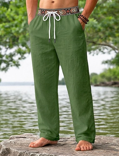  Herren Leinenhosen Hose Sommerhose Baggy-Hosen Strandhose Kordelzug Patchwork Elastischer Bund Einfach Komfort Atmungsaktiv Volle Länge Lässig Täglich Outdoor Urlaub Mode Hellkaki Grün Unelastisch