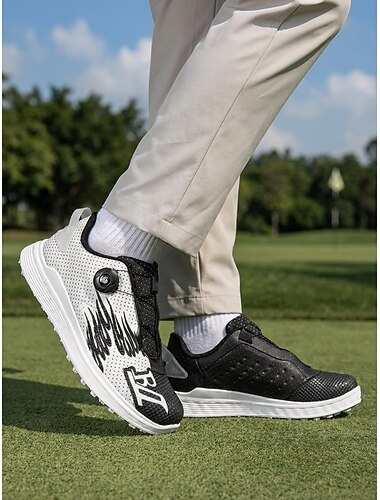  Tênis de golfe masculino preto em malha, calçado esportivo respirável com cadarço, leve e antiderrapante para golfe, atividades ao ar livre e uso diário.