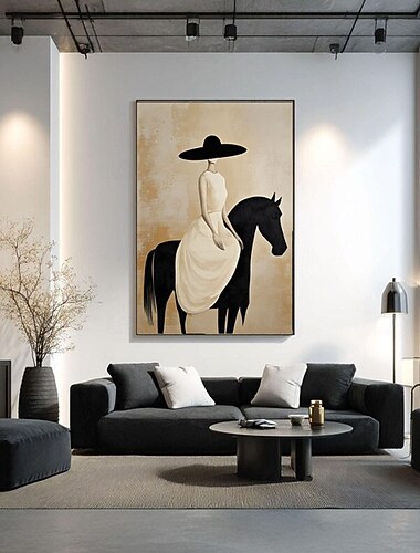  Minimalistisches Leinwandbild einer Reiterin, schwarz-weiße Wandkunst, elegantes Frauenbild, moderne Luxusdekoration, großes abstraktes Poster