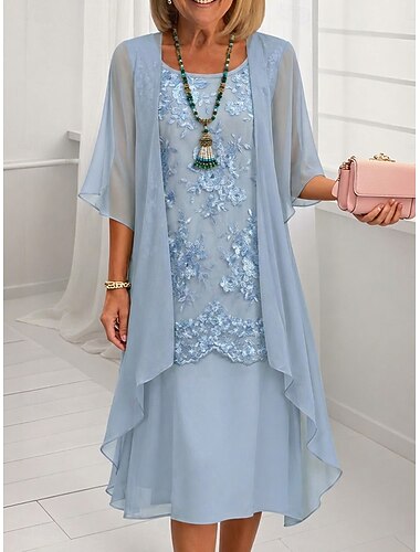  Per donna Abito Midi Vestito in Chiffon Abito in Pizzo Abito da Cocktail Set di vestiti Elegante Moda Spiaggia Vacanza Matrimonio Vestibilità regolare Floreale Mezza Manica Girocollo Blu Giallo Viola