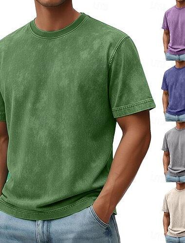  Homme T-shirt Chemise 100% coton délavée à l'acide Manche Courte Col ras du cou Été Printemps Automne Uni Rétro Vintage Occasionnel Le style rétro Teinture en vêtement Affligé Occasionnel Bleu Noir