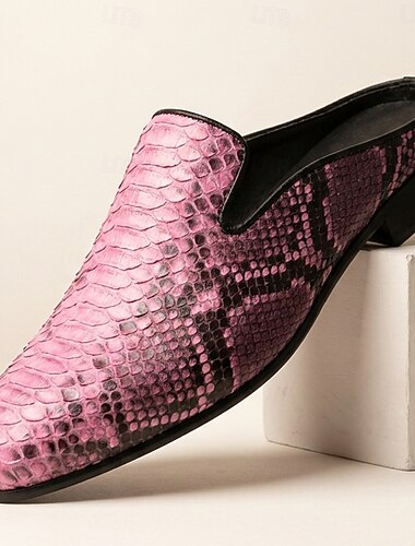  Rosa slip-on-skor med ormskinnsmönster för män, spetsiga statement-skor för snygga män, fester, banketter, baler och kvällsevenemang