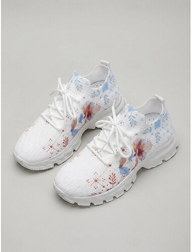  Witte instapsneakers met bloemenprint voor dames – lichtgewicht, ademende gebreide wandelschoenen voor op reis en comfort de hele dag door. &vrijetijdskleding
