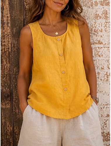  Mulheres Colete de algodão e linho Botões Côr Sólida Vintage Sem Manga Tops regulares Casual Azul Amarelo Marron Verão Primavera