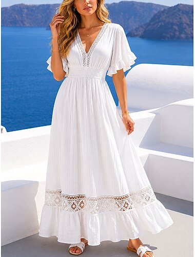  Mulheres Vestido Longo Vestidos Para o Verão Vestido casual Férias Casual Boho Praia Festa Encontro Normal Tecido Manga Curta Decote V Branco Verão Primavera