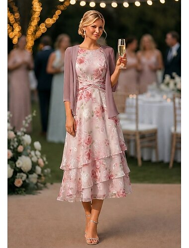  Tvådelad A-linje Ankellång Bröllopsgästklänning Ledig Klänning till brudens mor 3/4 ärm Rundhals Elegant Enkel Ledigt Formell Bröllopsgäst Helgdag Chiffong Sjal inkluderad med Blomtryck Veckad Krusad