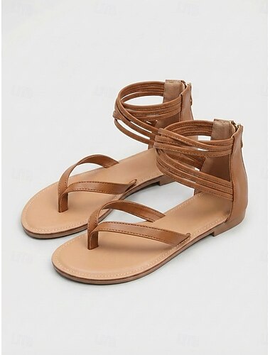  Damessandalen met bandjes in een beige tint - minimalistische bohemian gladiatorsandalen met enkelbandje en ritssluiting aan de achterkant, perfect voor outdoor vakanties, tropische eilandreizen.