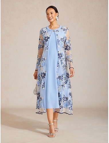  Per donna Trench Traspirante Ricamato Elegante Floreale Formale Lungo Girocollo Vestibilità regolare Manica Lunga Capispalla Azzurro cielo Estate Primavera