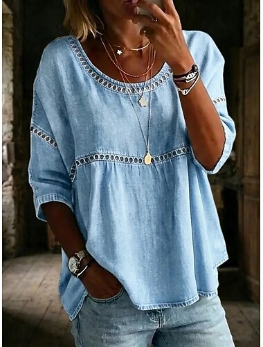  Mulheres Blusa Algodão T-shirt Vazado Tecido Vintage à moda Moderno Meia Manga Gola Redonda Tops regulares Casual Diário Verão Azul Branco Rosa Azul Céu Verde Verão Primavera