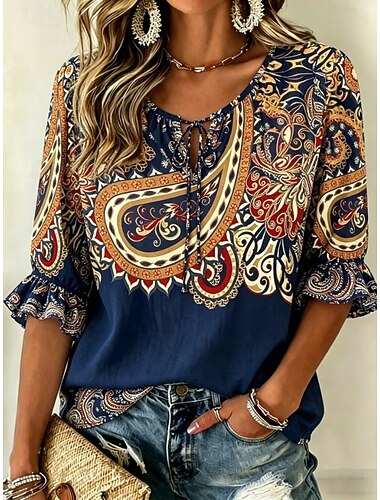  Dames Overhemd Grafisch Geometrisch Paisley Bohemen Vakantie Vintage Lange mouw V-hals Normale tops Casual Dagelijks Feestdagen Donkerblauw Beige Zomer Lente