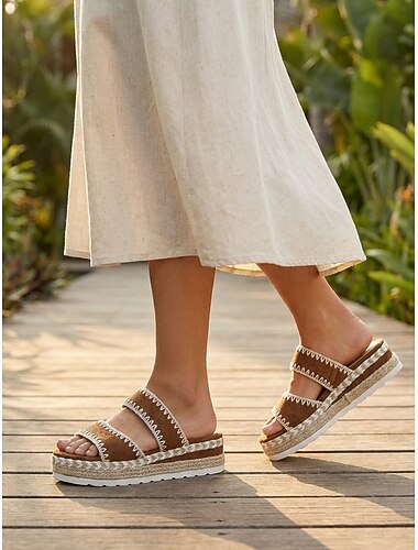  Sandali espadrillas boho da donna - ciabatte con plateau a doppio cinturino in camoscio marrone con cuciture intrecciate, ideali per resort all'aperto e vacanze al mare. &festa in piscina