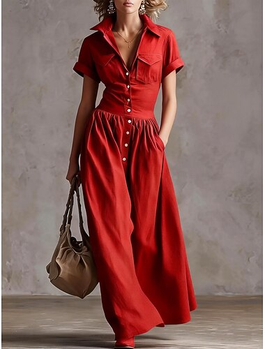  Femmes Robe maxi Robe trapèze Robe d'été Occasionnel Quotidien Coupe régulière Uni Manche Courte Revers Bleu marine Noir Blanche Rouge Été Printemps