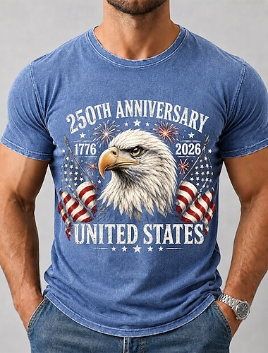  4 juli 2026 250:e Herr Örn Amerikanska flaggan Syratvättad skjorta Tung t-shirt Kortärmad T-shirt DTG Rund hals Skjorta Patriotisk Gata Helgdag Blå Svart Armégrön Vår & sommar Kläder S M L XL XXL