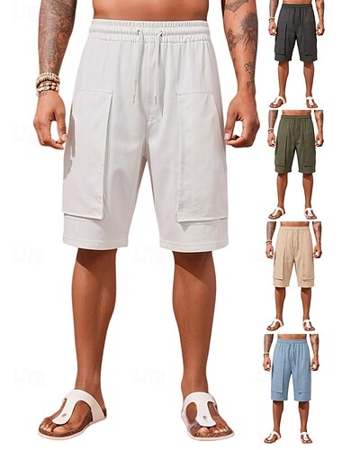  Per uomo Shorts Shorts di Lino Pantaloncini Estivi Shorts da Spiaggia Coulisse Elastico in vita Semplice Comodità Traspirante Lunghezza al ginocchio Casuale Quotidiano All'aperto Vacanza Moda Cachi