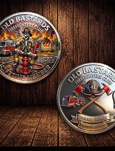  Herdenkingsmunt van de brandweerclub, 'Old Bastard Firefighters Challenge Coin', symbool voor moed, broederschap en levenslang lidmaatschap. Een verzamelobject en cadeau voor brandweerliefhebbers.