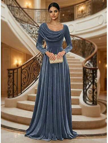  Linea ad A Lunghezza al pavimento Abito da Sera Elegante Abito da sera stile impero Manica Lunga Scollo a Cascata Matrimonio Formale Velluto Shiena scoperta con Pieghe Arricciato Tinta unita