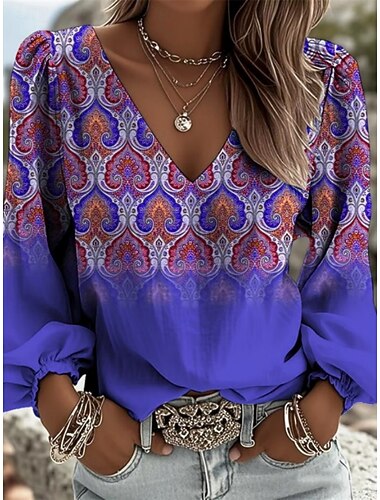 Damen Hemd Grafik Geometrisch Paisley-Muster Bohemien Urlaub Vintage Langarm V Ausschnitt Lange Oberteile Lässig Täglich Ferien Blau Purpur Orange Grün Sommer Frühling Herbst Winter