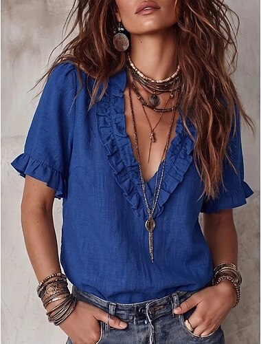  Dames Overhemd Normaal shirt Effen Kleur Effen Elegant Bohemen Vakantie Mouwloos V-hals Croptops Casual blauw Wit Wijn Abrikoos Zomer Lente Herfst Winter