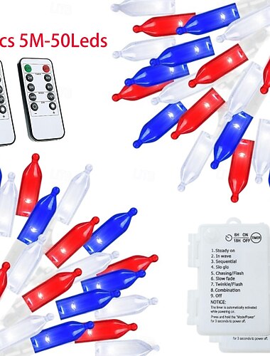  250. rocznica Stanów Zjednoczonych, 4 lipca, 2 szt. czerwono-biało-niebieskich stożkowych świateł LED, 5 m, 50 diod LED, wodoodporny, 8 trybów, bateria &zdalnie sterowany, do użytku wewnątrz