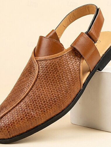  Bruine slingback sandalen voor heren met geweven textuur, casual zomerschoenen, lichtgewicht en comfortabel, geschikt voor buitenactiviteiten zoals reizen, vakanties, dagelijks gebruik en ontspanning in het weekend.