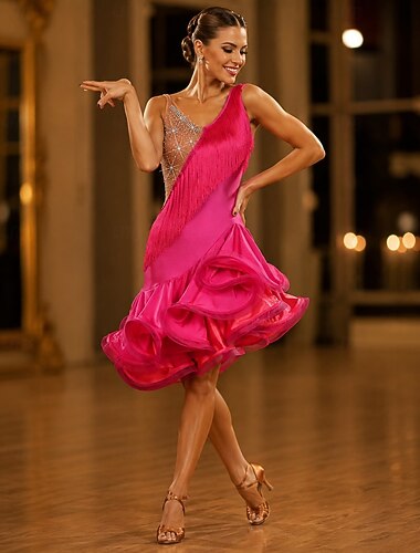  danse salsa robe de danse latine franges pompon cristaux / strass femme entraînement performance sans manches haute spandex tulle