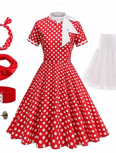  Conjunto 1950s Retro Antiguo Vestido Midi Vestidos Enagua Vestido swing con accesorios Lunares Ajustado / Acampanado Disfraz Mujer Carnaval Mascarada Festival de Música Fiesta de Té Adulto Vestido