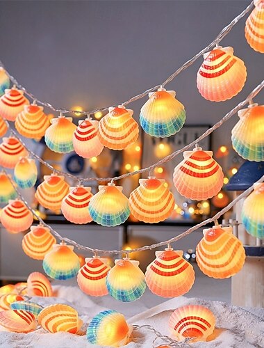  Cordão de luzes de fada com tema oceânico em LED, 1,5 m, 10 LEDs, 3 m, 20 LEDs, alimentado por pilha AA, luzes em formato de concha para decoração de casa, quarto, varanda, pátio, camping, festas e