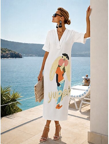  Pentru femei Rochii Midi Rochie de schimb Rochie de Vară Rochie de vară Vacanță Zilnic În aer liber Plajă Potrivire Largă Floral Grafic Geometric Manșon scurt În V Alb Verde Deschis Verde Închis Mov