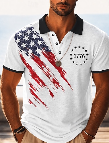  4 juli 2026 250:e Herr Amerikanska amerikanska flaggan Pikétröjor Kortärmad Polotröjor Skjortor med krage Ledigt Fritids- 3D-utskrift Knappar Nättyg som andas Vår & sommar Blå Vit Armégrön