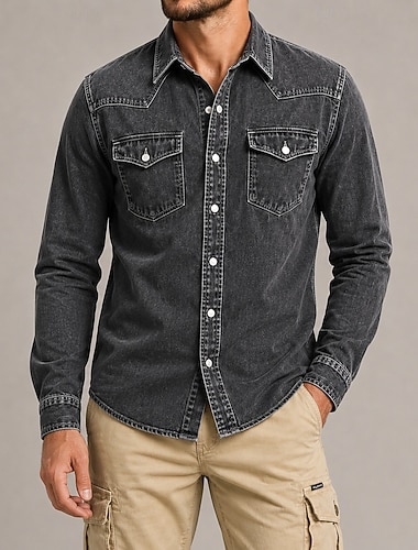  Da uomo Camicia Camicia casual Camicia con Bottoni Nero Borgogna Manica Lunga Semplice Colletto a Camicia Casuale Quotidiano Tasca Frontale Abbigliamento Cotone Elastene Elegante Moda Casual