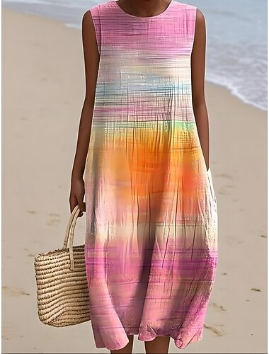  Women's Midi Dress Shift Dress Sundress A Line Dress Vacation Casual Boho Beach Going out Loose Fit Graphic Geometric Abstract Sleeveless Crew Neck Yellow Pink Gray Summer Spring Fall