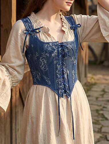  Medieval Renascentista Cottagecore Corpete Espartilho de Tronco Inteiro Fada Cordões Floral Fantasia Mulheres Fantasia Dia Das Bruxas Carnaval Casual / Diário feira renascentista LARP Adulto Corpete