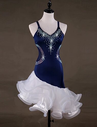 Robe de compétition de danse latine bleu marine ornée de strass - tenue de scène salsa samba sans manches à col en V et volants blancs